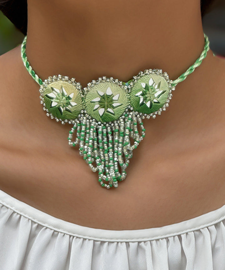 Cyan green handmade bead mirror cotton glass silver hooks necklace