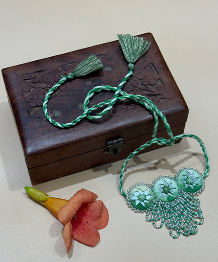 Cyan green handmade bead mirror cotton glass silver hooks necklace