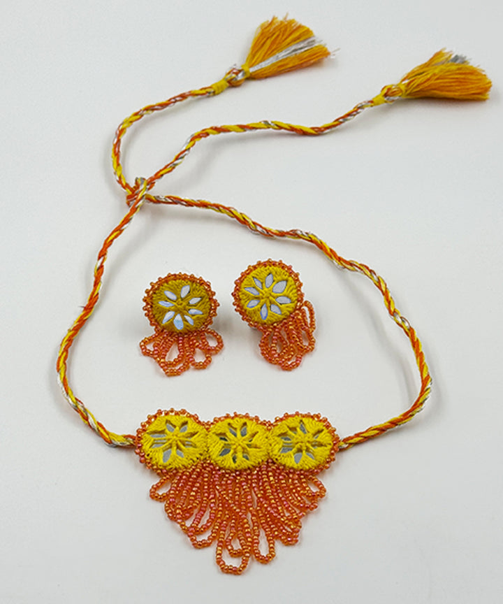 Yellow orange handcrafted bead mirror cotton glass silver hooks necklace