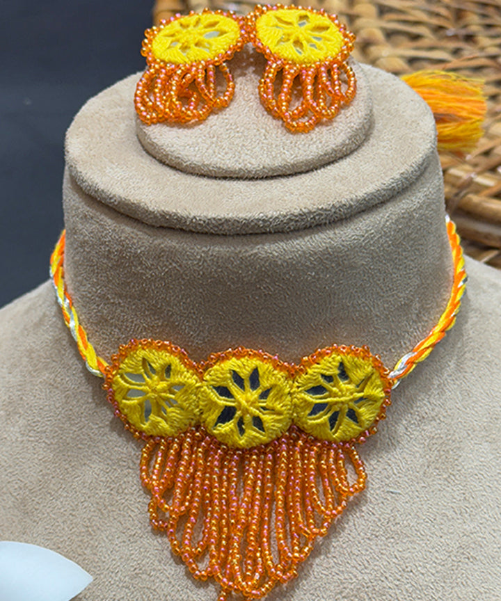 Yellow orange handcrafted bead mirror cotton glass silver hooks necklace
