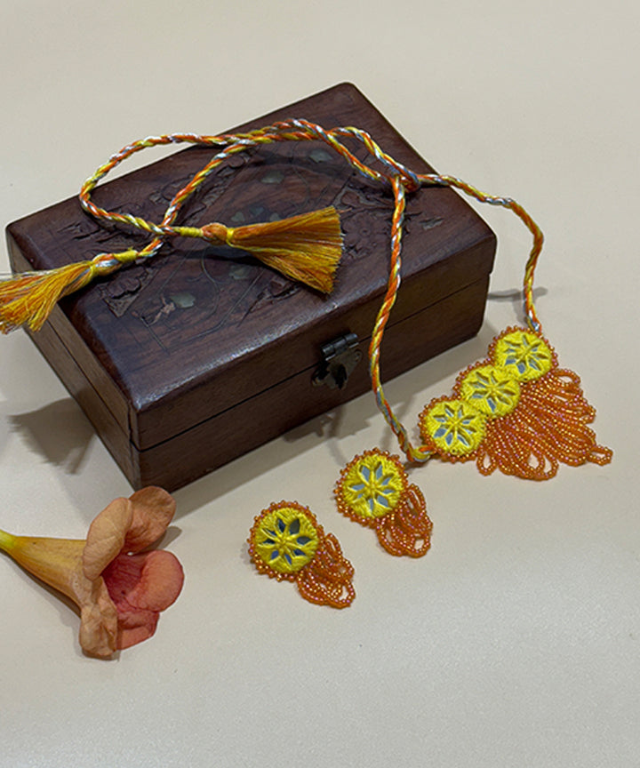 Yellow orange handcrafted bead mirror cotton glass silver hooks necklace