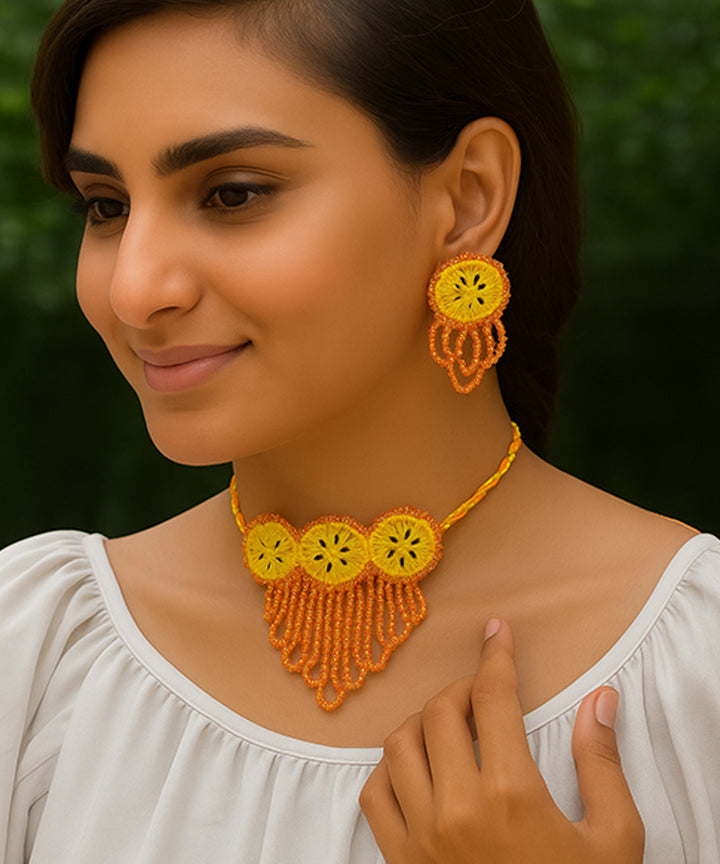 Yellow orange handcrafted bead mirror cotton glass silver hooks necklace