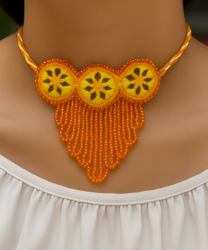 Yellow orange handmade bead mirror cotton glass silver hooks necklace