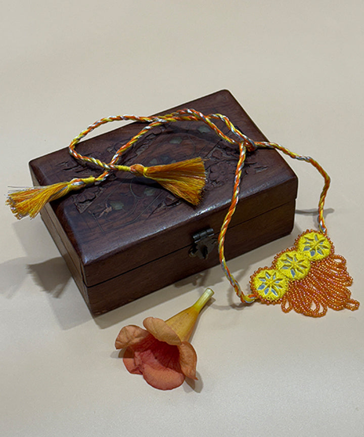 Yellow orange handmade bead mirror cotton glass silver hooks necklace