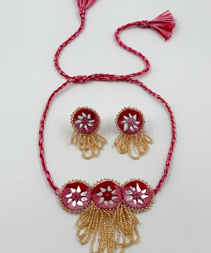 Pink peach hand made bead mirror cotton glass silver hooks necklace