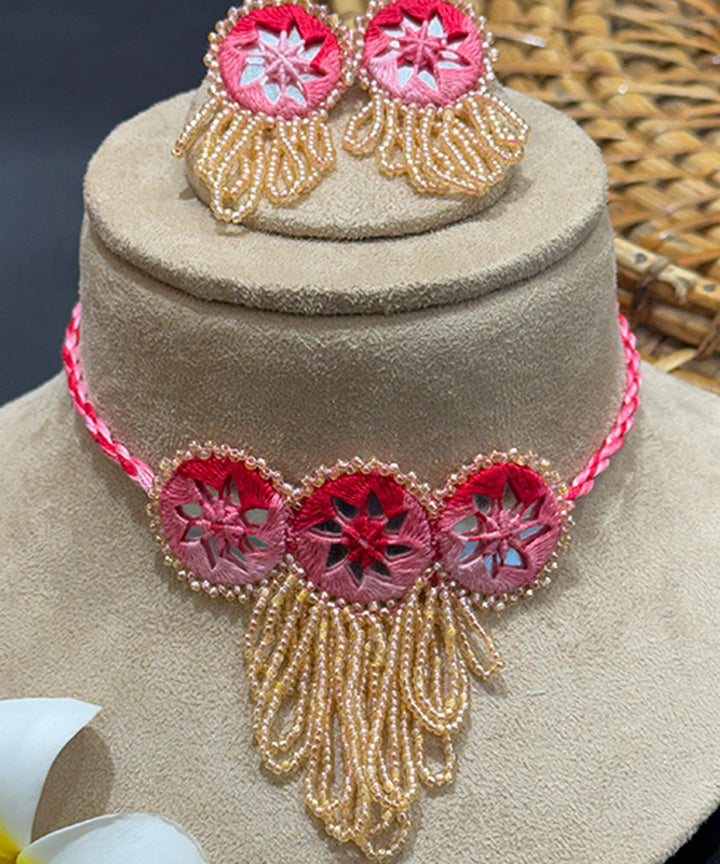 Pink peach hand made bead mirror cotton glass silver hooks necklace