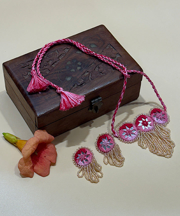 Pink peach hand made bead mirror cotton glass silver hooks necklace