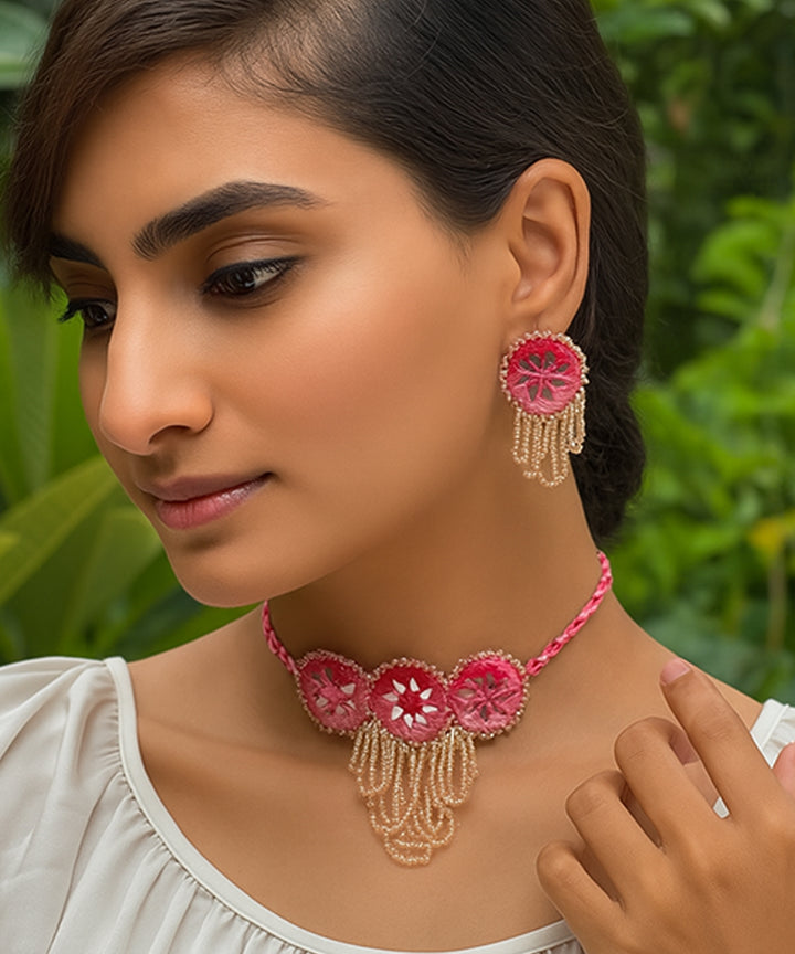 Pink peach hand made bead mirror cotton glass silver hooks necklace