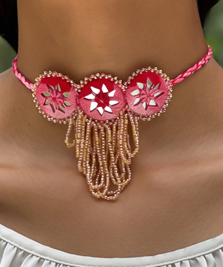 Pink peach handmade bead mirror cotton glass silver hooks necklace