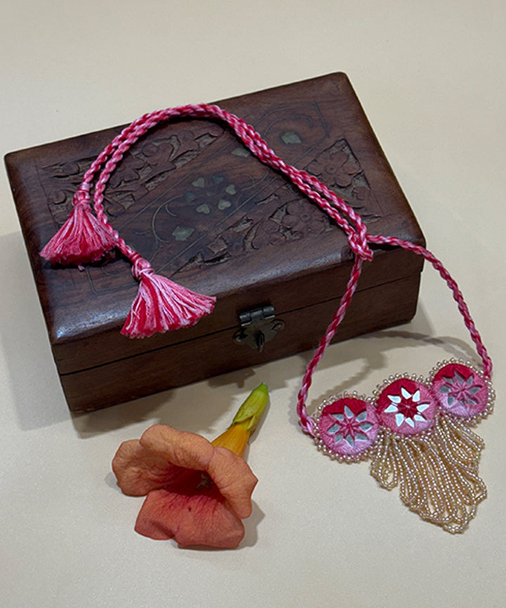 Pink peach handmade bead mirror cotton glass silver hooks necklace