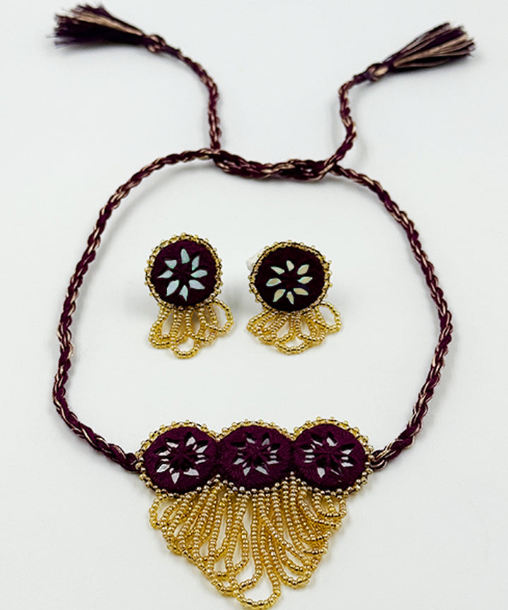 Maroon peach hand made bead mirror cotton glass silver hooks necklace