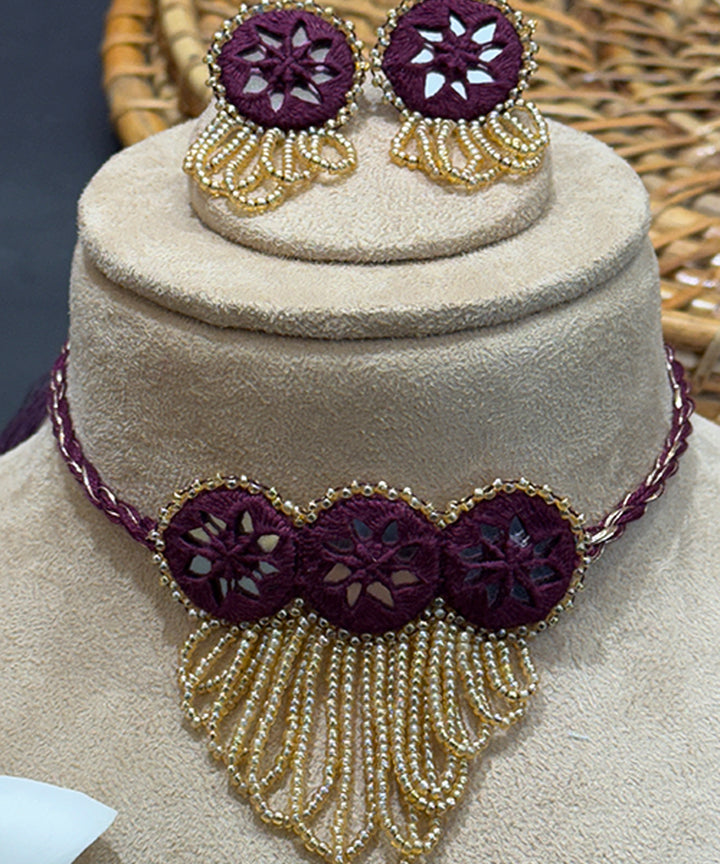 Maroon peach hand made bead mirror cotton glass silver hooks necklace