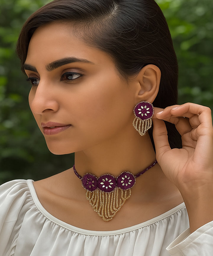 Maroon peach hand made bead mirror cotton glass silver hooks necklace