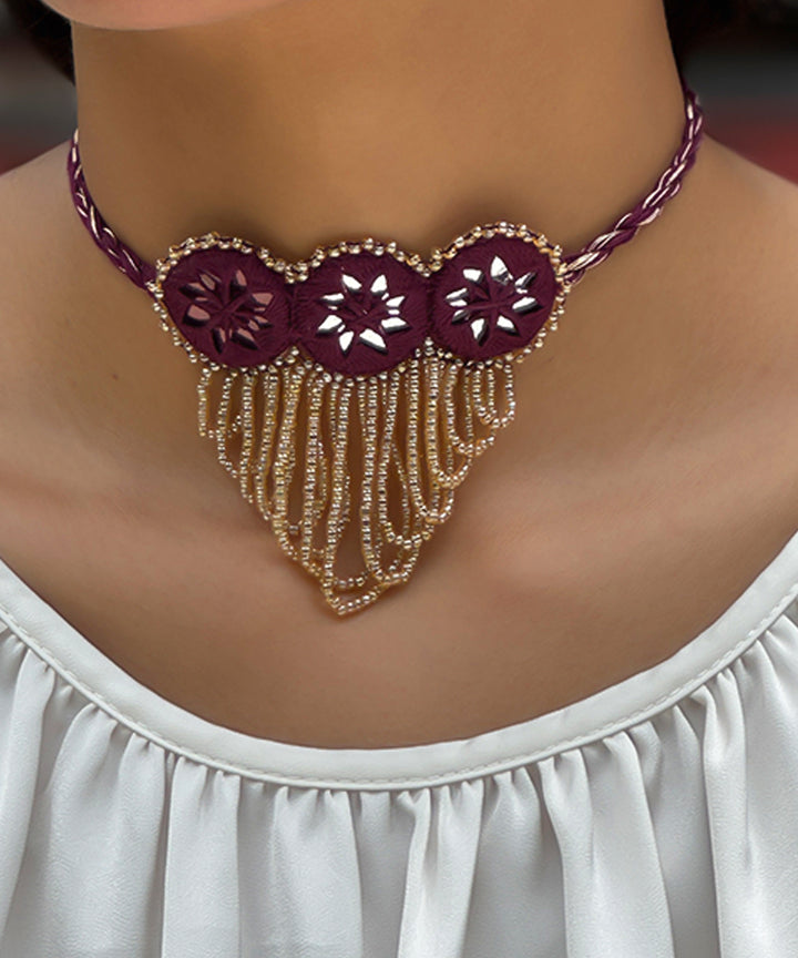 Maroon peach handmade bead mirror cotton glass silver hooks necklace