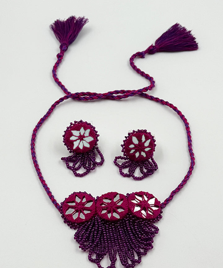 Pink hand made bead mirror cotton glass silver hooks necklace