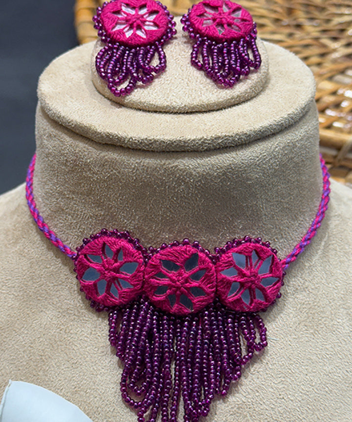 Pink hand made bead mirror cotton glass silver hooks necklace