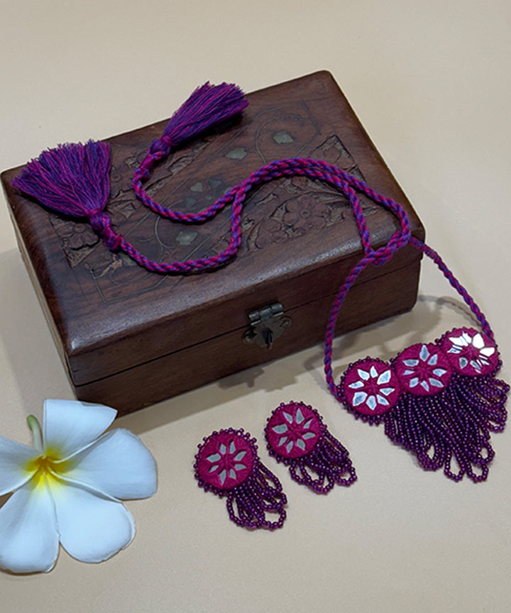 Pink hand made bead mirror cotton glass silver hooks necklace
