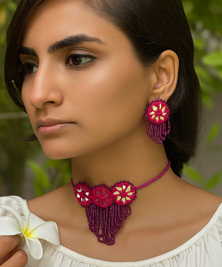 Pink hand made bead mirror cotton glass silver hooks necklace