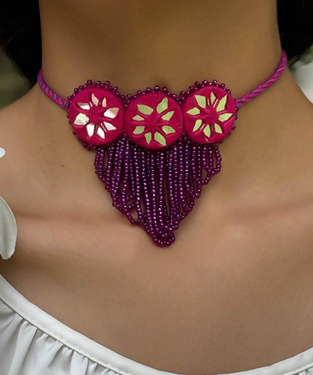 Pink handmade bead mirror cotton glass silver hooks necklace