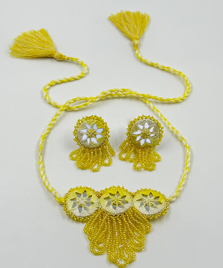 Yellow hand made bead mirror cotton glass silver hooks necklace