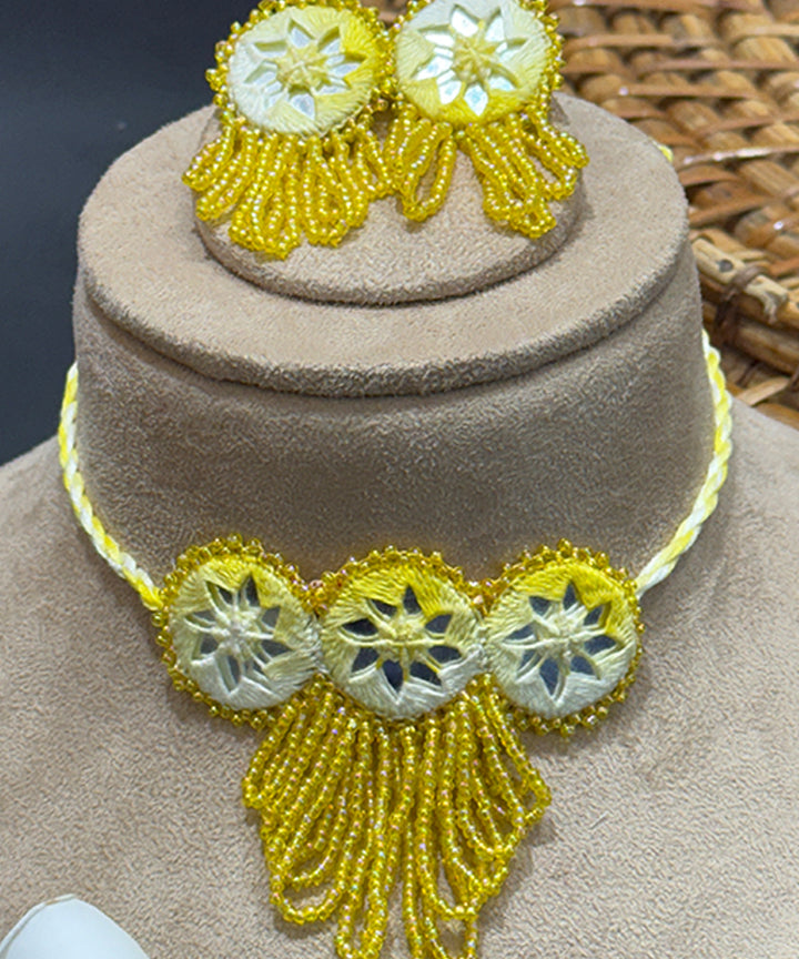 Yellow hand made bead mirror cotton glass silver hooks necklace