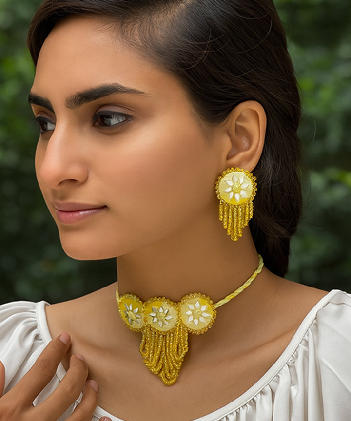 Yellow hand made bead mirror cotton glass silver hooks necklace