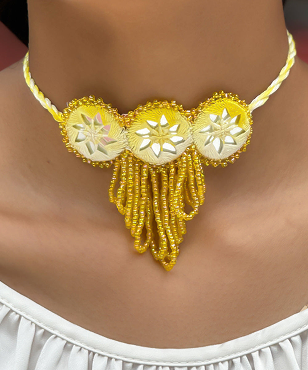 Yellow handmade bead mirror cotton glass silver hooks necklace