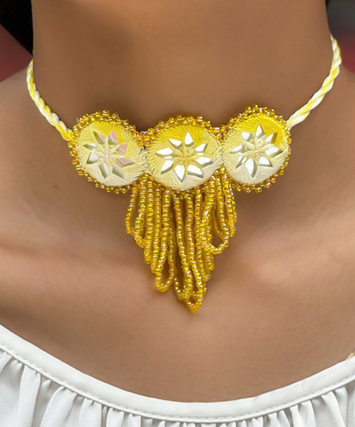 Yellow handmade bead mirror cotton glass silver hooks necklace