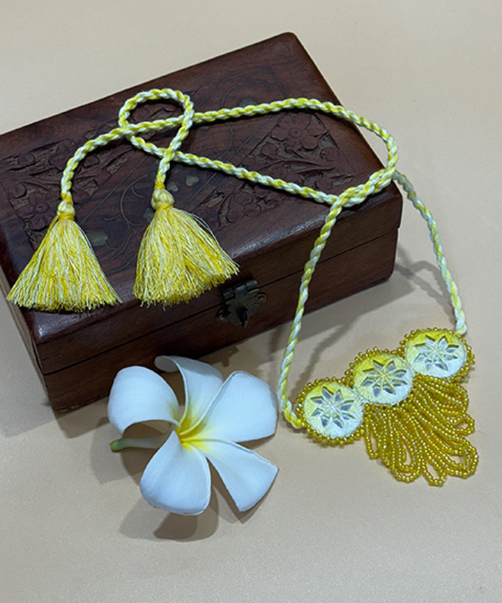 Yellow handmade bead mirror cotton glass silver hooks necklace