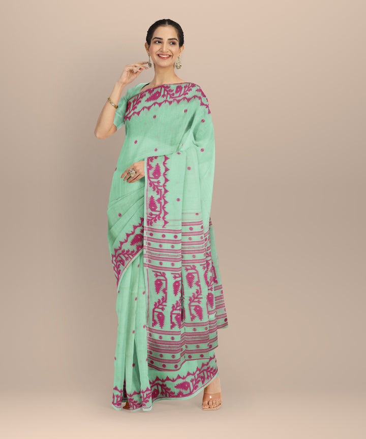 Lime green pink handloom bengal cotton saree