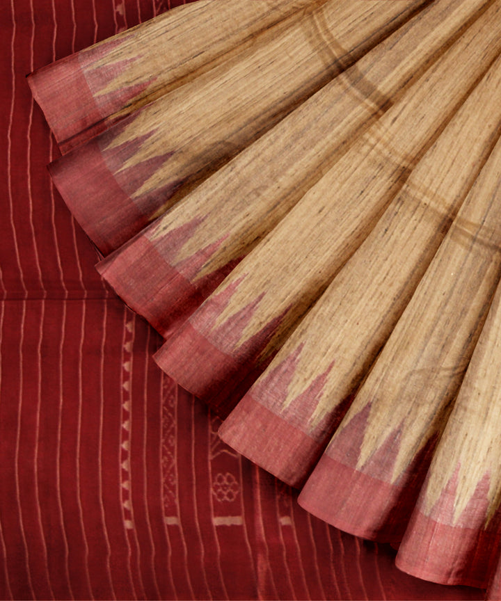 Beige red tussar silk handloom gopalpur saree
