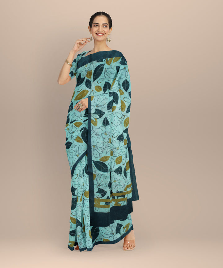 Sky blue multicolor linen hand printed saree