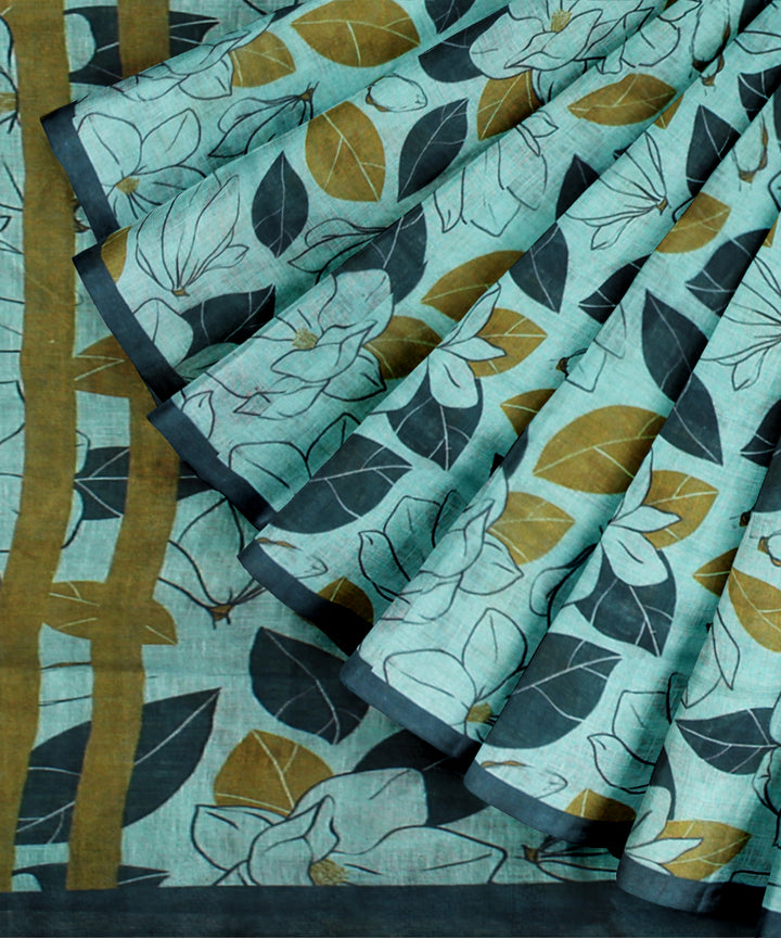 Sky blue multicolor linen hand printed saree