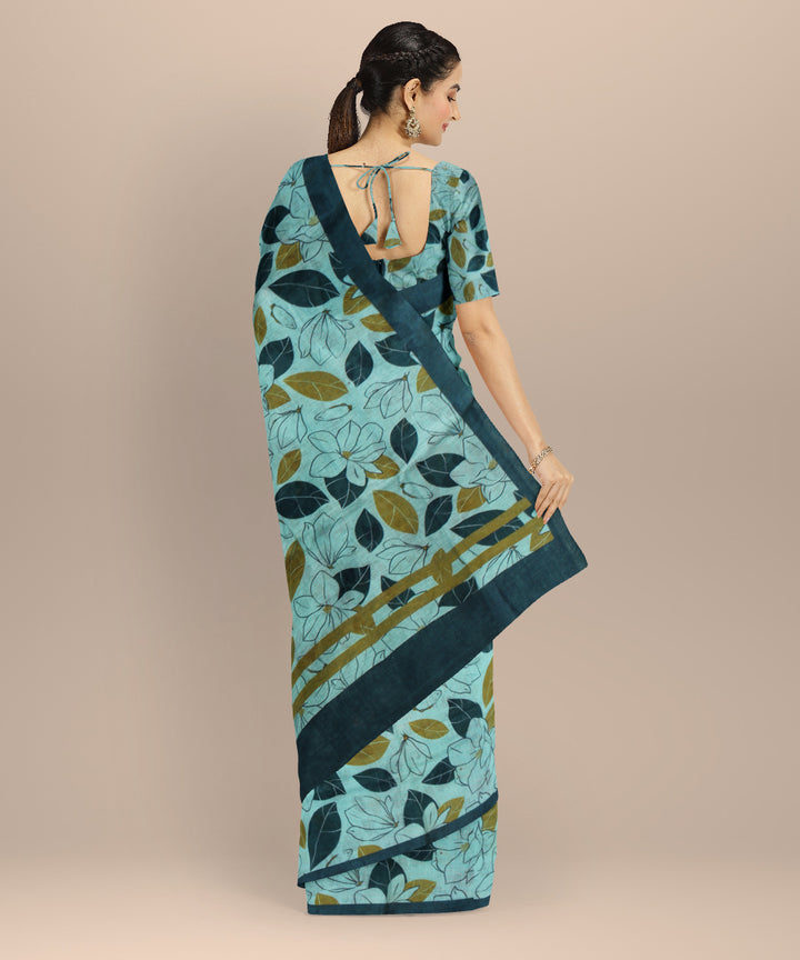 Sky blue multicolor linen hand printed saree