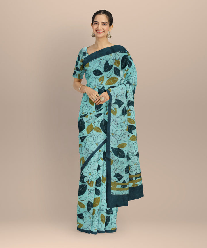Sky blue multicolor linen hand printed saree