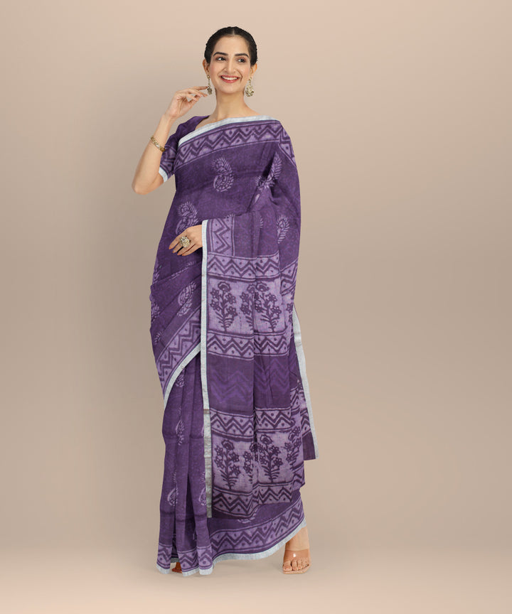 Violet white hand printed  linen saree