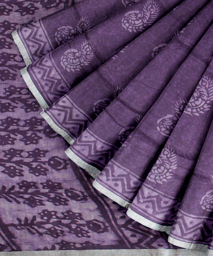 Violet white hand printed  linen saree
