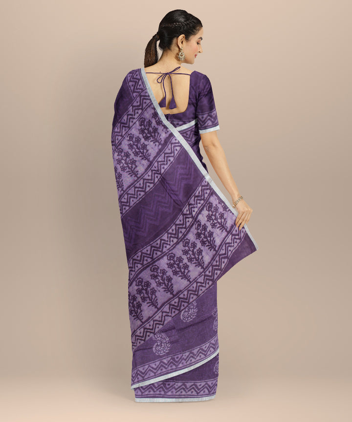 Violet white hand printed  linen saree