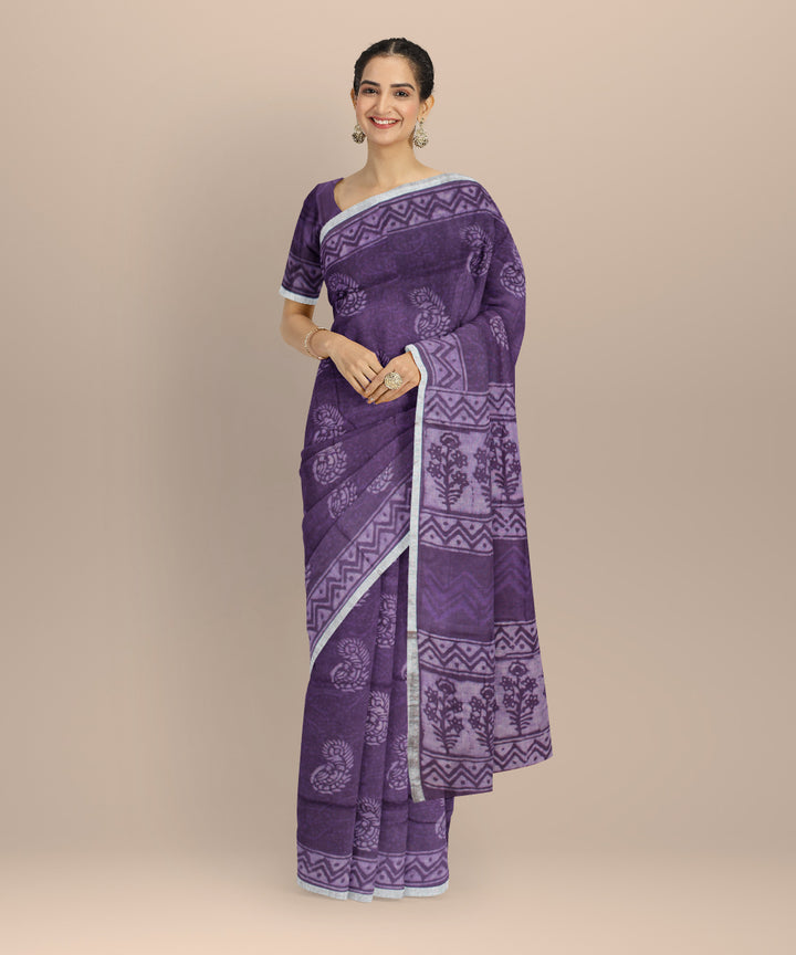 Violet white hand printed  linen saree