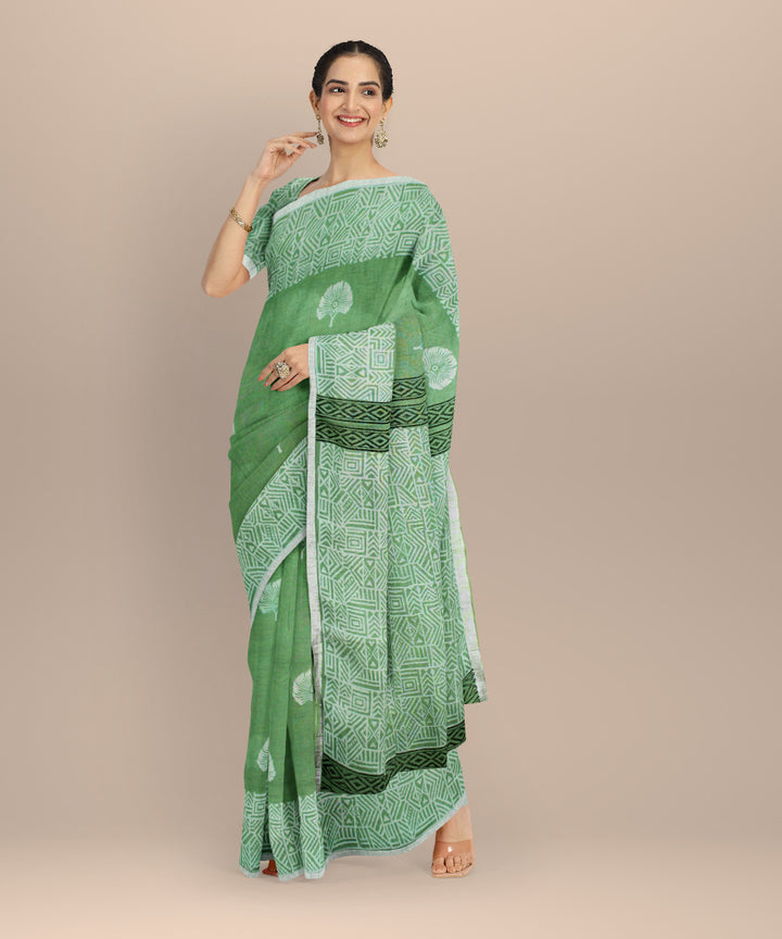 Light green white linen hand printed saree