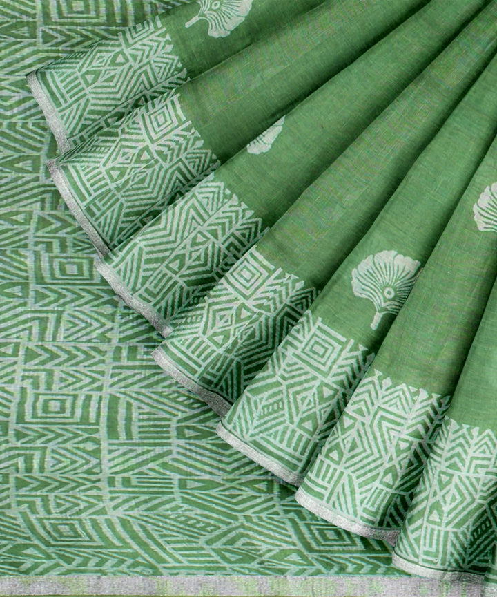 Light green white linen hand printed saree