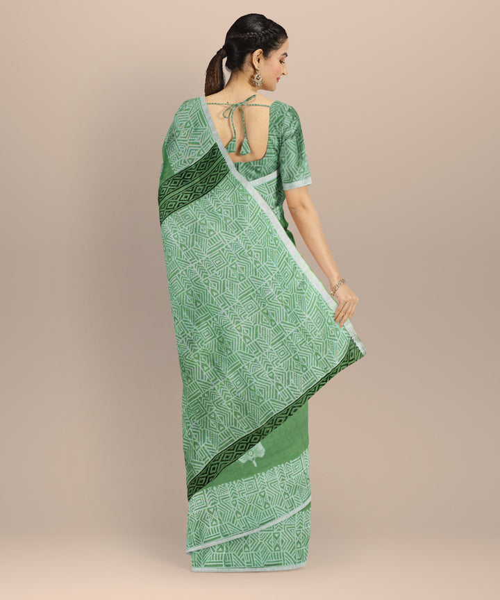 Light green white linen hand printed saree