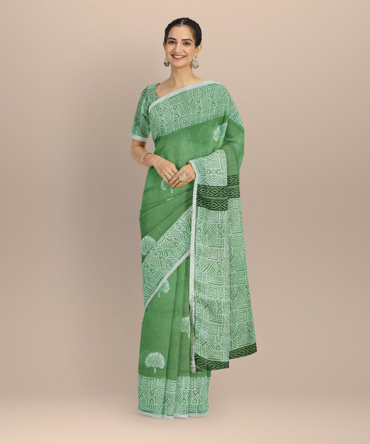 Light green white linen hand printed saree
