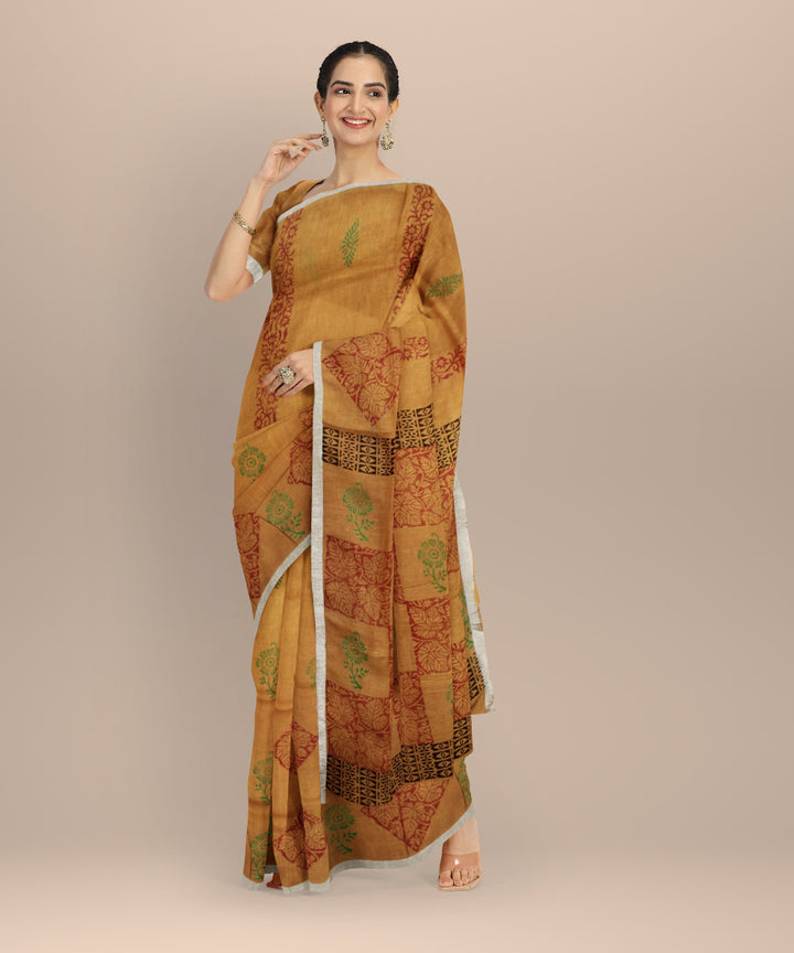 Mustard multicolor linen hand printed  saree