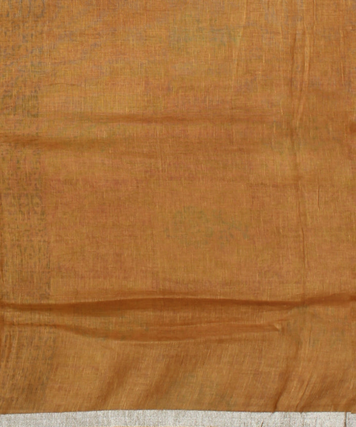 Mustard multicolor linen hand printed  saree