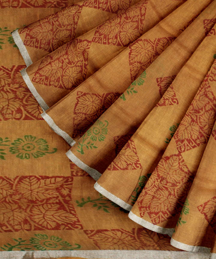 Mustard multicolor linen hand printed  saree