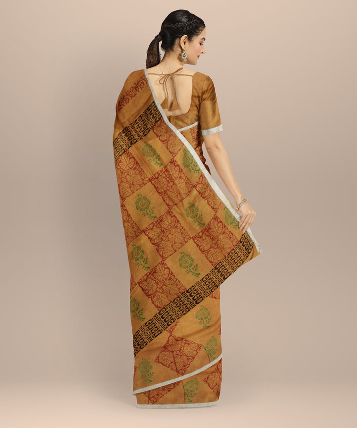 Mustard multicolor linen hand printed  saree