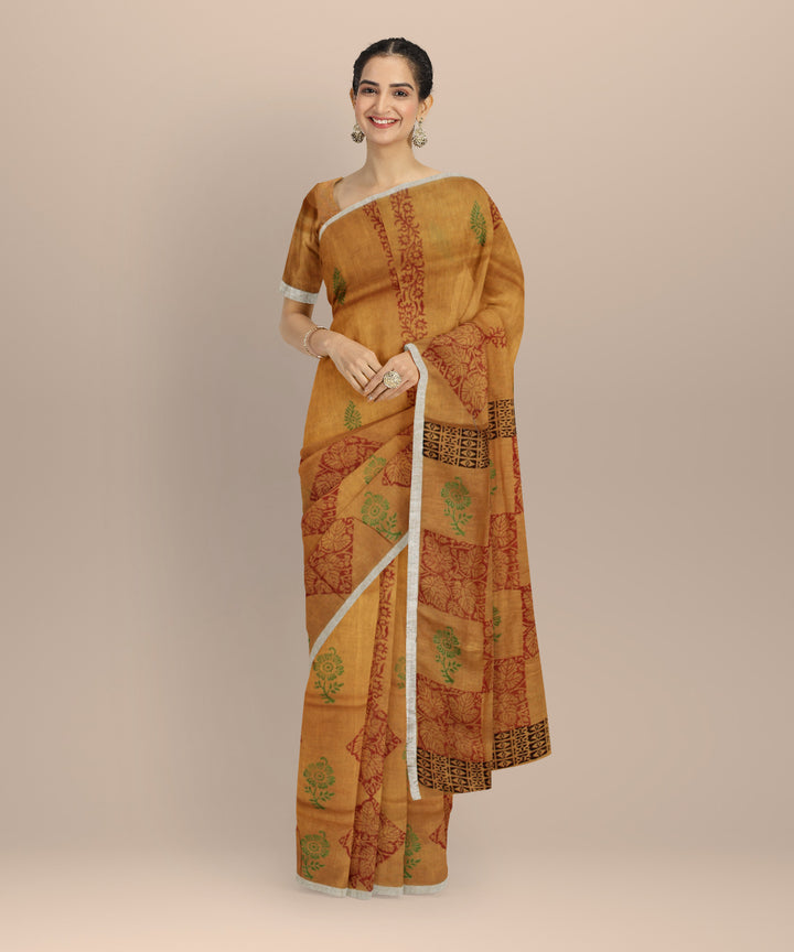 Mustard multicolor linen hand printed  saree