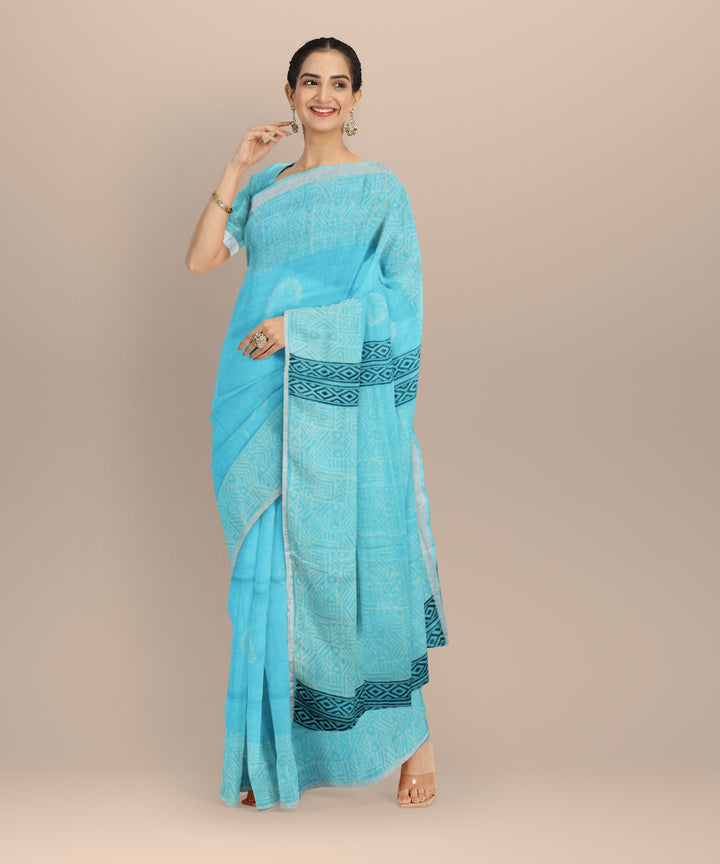 Sky blue white linen hand printed  saree
