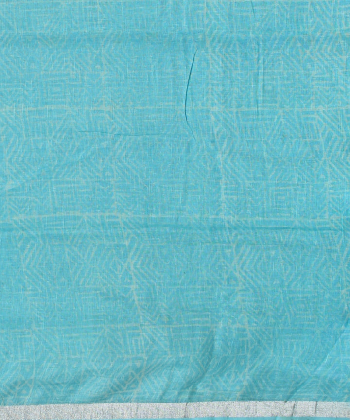 Sky blue white linen hand printed  saree
